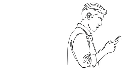 Minimalist continuous line drawing of a young man wearing a collared shirt looking at his smartphone screen