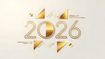 A luxurious and modern abstract design featuring the numbers '2026' and the phrase 'New Year' in shimmering gold, stylized with clean lines, triangles, and circles against a light background.
