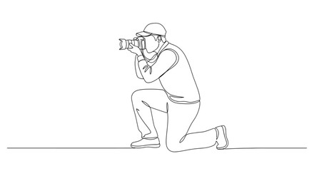 Minimalist single line drawing of a photographer wearing a cap kneeling and holding a camera capturing a moment
