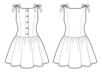 Fit and Flare Dress Technical Fashion Illustration. Sleeveless Dress Vector Template. Corset Style Bodice with Adjustable Straps. Front and Back View. Feminine Silhouette. Women&rsquo;s Wear. CAD Mockup set