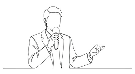 Single line drawing of a man in a suit holding a microphone and gesturing with his hand during a speech or presentation