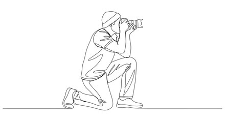 Continuous line drawing of a photographer kneeling and taking a picture with a professional camera minimalist art