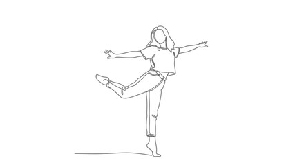 Minimalist single line drawing of a young woman dancing gracefully with arms outstretched and one leg lifted in a dynamic pose