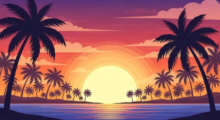 Obraz premium Vibrant Tropical Sunset with Palm Trees and Ocean View.