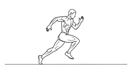 Dynamic black and white line art illustration of a muscular male athlete in full stride during a sprint race on a white background