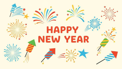 Colorful fireworks and stars celebrate happy new year with vibrant festive decorations and sparkler motifs on cream background