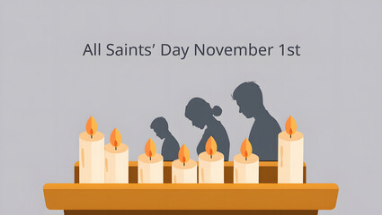 All saints' day november 1st illustration with candles and praying family silhouette