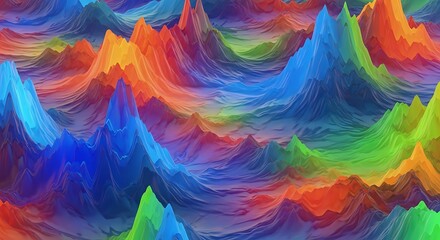 A vibrant, abstract digital artwork showcasing a landscape of layered, undulating forms in a spectrum of vivid colors