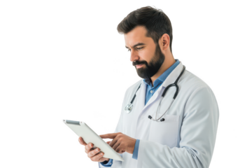 Doctor using a tablet isolated on transparent background