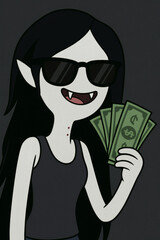 Cool vampire with money, sunglasses and black tank top in a dark setting. Vampire girl with the dollar. Wealthy vampire in sunglasses.