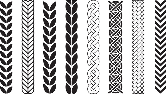Collection of black and white decorative vertical borders with intricate braided and woven patterns