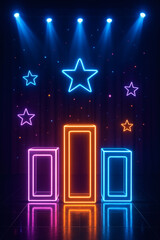 Neon light display features vibrant, glowing stars and rectangular podiums under stage lighting, creating a futuristic and energetic atmosphere.