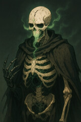 An ethereal skeletal figure shrouded in dark fabric, exuding a misty aura. A mystical entity, evoking shadows and the supernatural realm.