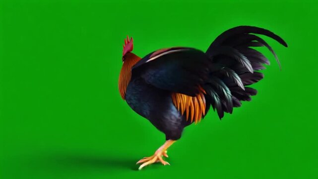 A colorful rooster standing on a green screen background with its tail feathers displayed well chicken green screen video