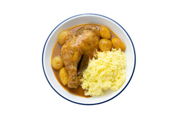 Chicken curry with yellow color turmeric rice isolated on white