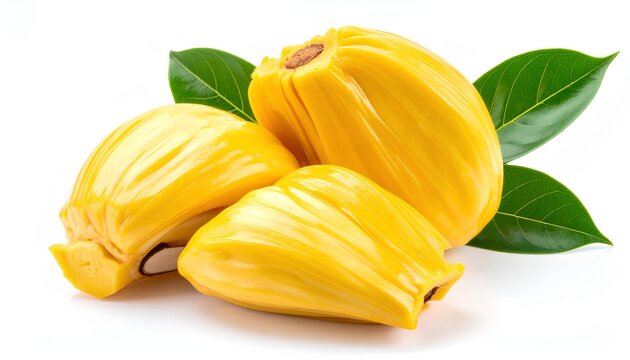 Close up view of ripe jackfruit pods with green leaves, showcasing vibrant color, sweet tropical flavor, and fresh organic produce.