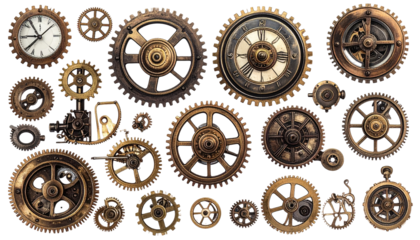 A complex assemblage of ornate, brass-toned clockwork gears and timekeeping instruments against a stark black backdrop