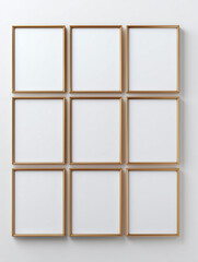 Nine Empty Gold Picture Frames on White Wall