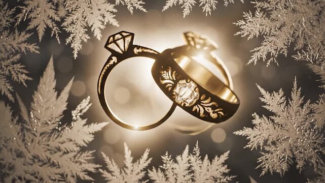 Beautiful gold wedding rings surrounded by snowflakes