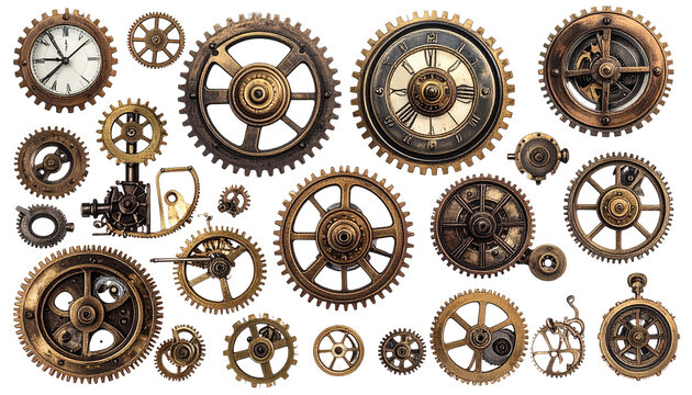 A complex assemblage of ornate, brass-toned clockwork gears and timekeeping instruments against a stark black backdrop