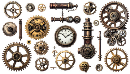 A collection of various bronze-toned, industrial cogwheels, tubes, a clock, and other mechanical elements arranged against a black background