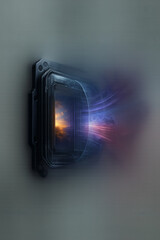 A portal or futuristic device showing a sunset scene and emanating energy waves on a sleek gray background. Explore horizons beyond boundaries.