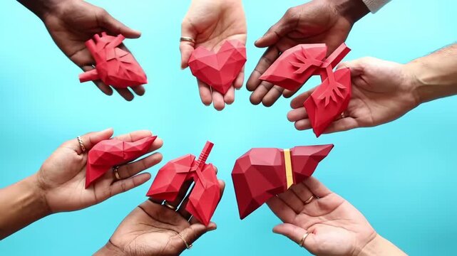 Close-up of various hands holding crafted red paper organs on a turquoise background, showcasing human anatomy and healthcare concepts.