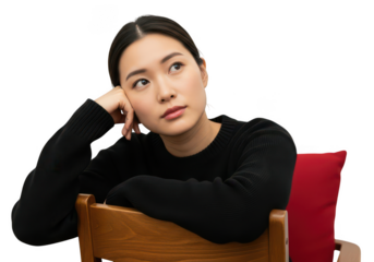 Young woman resting her head on her hand isolated on transparent background