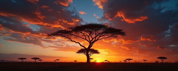 Acacia tree silhouetted against vibrant orange sunset sky over African savanna. Wild landscape with scattered trees and dramatic clouds at sundown.