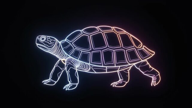 A vibrant neon outline of a turtle walking on a dark background, showcasing its shell and limbs with a glowing gradient effect.