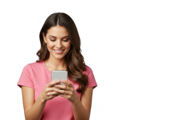 Young woman in pink tshirt using smartphone isolated on transparent background