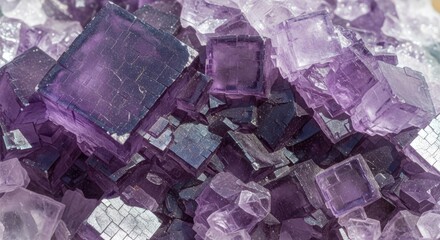 Close-up showcases a cluster of violet and colorless fluorite crystals. The cube-shaped formations are detailed, with sharp edges and varying shades of purple. 