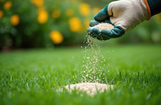 Gardener hand in glove scatters granular fertilizer on green lawn. Spring lawn care fertilizing for healthy grass growth and lush yard maintenance.