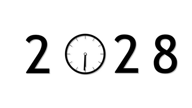 abstract black 2028 with clock symbol in white background. Digital clock icon concept future calendar design video.