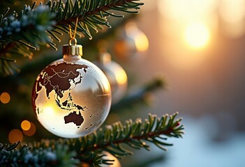 A Christmas tree ball in the shape of a rotating globe of the Earth, on a spruce branch. Bokeh, space for text. Postcard