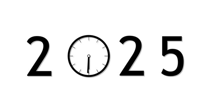 abstract black 2025 with clock symbol in white background. Digital clock icon concept future calendar design video.
