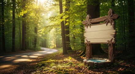 A wooden sign stands at the edge of a sun-dappled forest road. The sign features a blank surface. Lush green trees line the pathway, creating a serene and inviting atmosphere.
