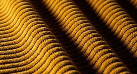 Close-up view reveals a textured surface of a golden-yellow, ribbed material. Soft folds and curving lines create a sense of depth and volume, with dynamic shadows emphasizing the undulating pattern