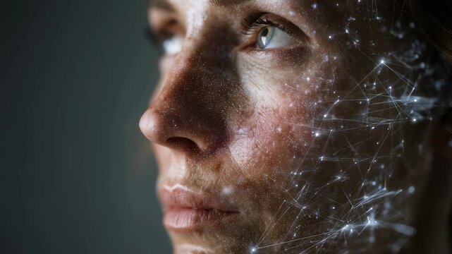 A detailed female face is illuminated by digital lines and glowing nodes, representing the integration of technology and humanity. This image captures innovation, AI, and the future of human evolution