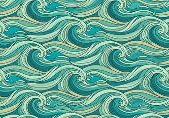 Stylized Blue Green Ocean Waves Seamless Pattern Background Graphic
