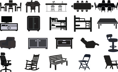 Collection of furniture icons in black silhouette