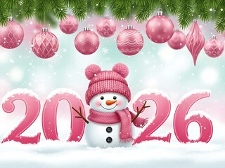 Cute snowman celebrating new year 2026 with pink ornaments and snow