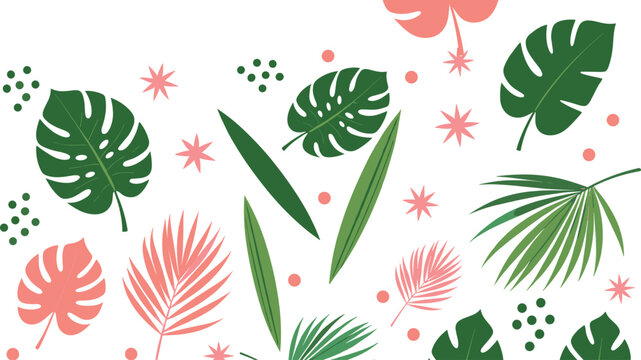Tropical leaves and botanical elements set with monstera palm foliage in modern flat vector illustration
