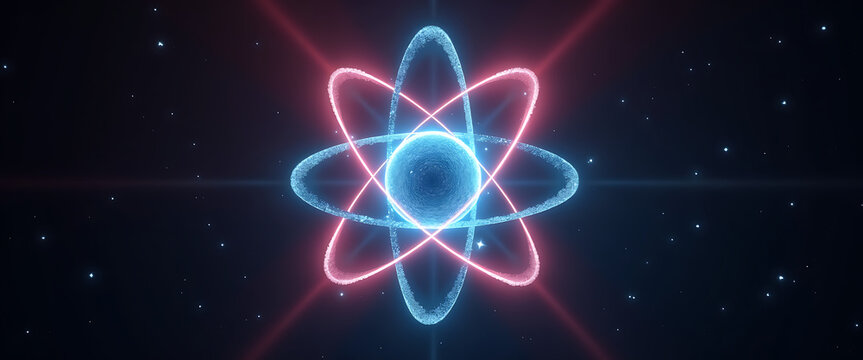 Atom science physics model glowing nucleus blue and red orbits particles space background - Powered by Adobe