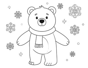 Cartoon polar bear with scarf and snowflakes, ready for coloring