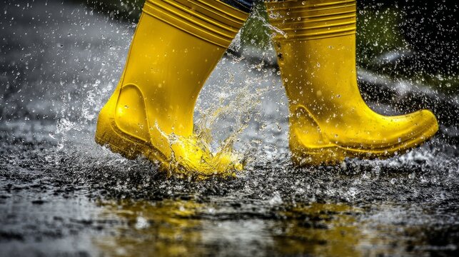 footwear. Yellow boots playfully splashing in a rain puddle, capturing the joy of a rainy day. lifestyle magazines, social media lookbooks, designed for influencer and brand collaborations.
