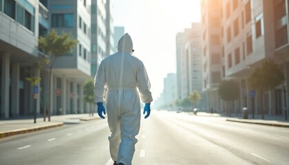 Person in white hazmat suit walks alone on empty city street. Buildings line road. Sun shines bright. Life pauses during global health crisis.
