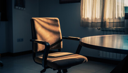 Office chair and table illuminated by sunlight in a room.