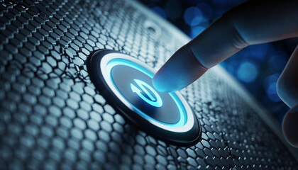 Finger Pressing Futuristic Digital Power Button on Hexagonal Interface, Symbolizing Advanced Technology, AI Control, and System Activation