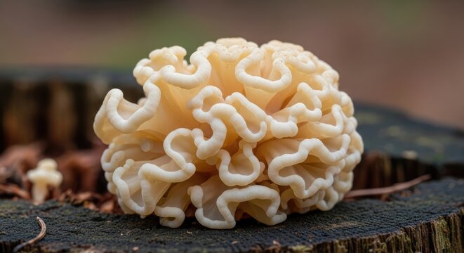 A macro shot showcases a coral-like, creamy-colored fungus atop a weathered tree stump, set against a blurred forest background. The intricate folds and textures are emphasized